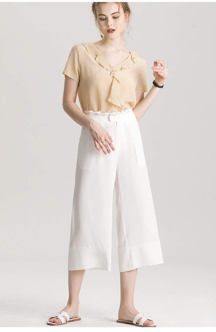 Her Shop Blouse 100% REAL SILK Crepe Short Sleeved Ruffled Collar Blouse