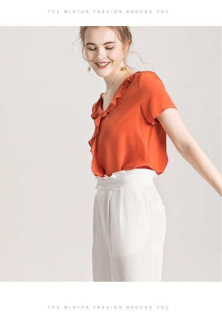Her Shop Blouse 100% REAL SILK Crepe Short Sleeved Ruffled Collar Blouse
