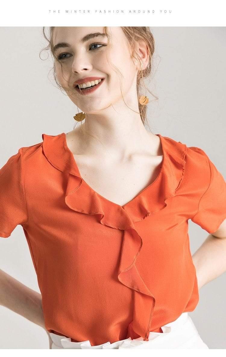 Her Shop Blouse 100% REAL SILK Crepe Short Sleeved Ruffled Collar Blouse