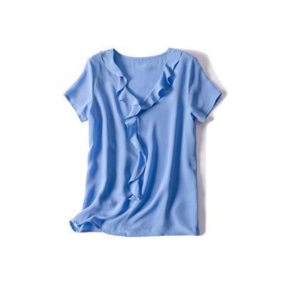 Her Shop Blouse Blue / XL 100% REAL SILK Crepe Short Sleeved Ruffled Collar Blouse
