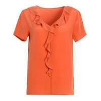 Her Shop Blouse Orange / L 100% REAL SILK Crepe Short Sleeved Ruffled Collar Blouse
