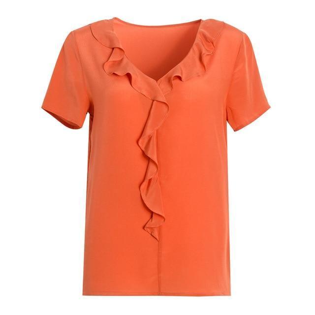 Her Shop Blouse Orange / L 100% REAL SILK Crepe Short Sleeved Ruffled Collar Blouse