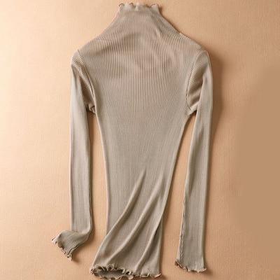 Women Solid Turtleneck Pullovers 80%Silk 20%Cotton