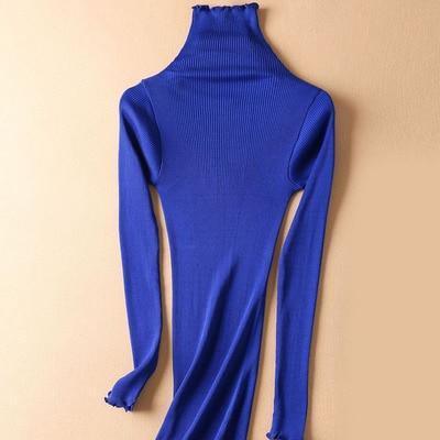 Women Solid Turtleneck Pullovers 80%Silk 20%Cotton