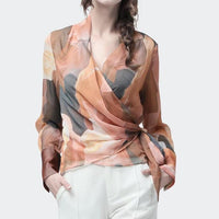 Her Shop Blouses & Shirts Chiffon Women Top Artistic Orange Print Blouses
