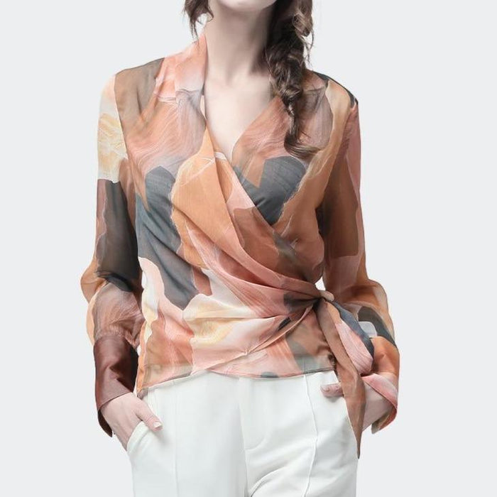 Her Shop Blouses & Shirts Chiffon Women Top Artistic Orange Print Blouses