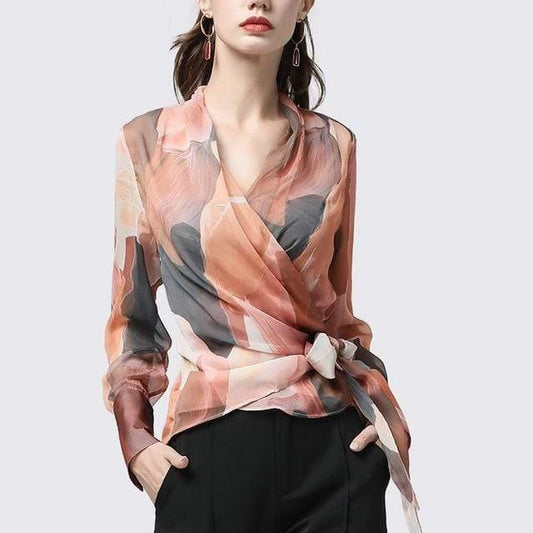 Her Shop Blouses & Shirts Chiffon Women Top Artistic Orange Print Blouses - HER SHOP