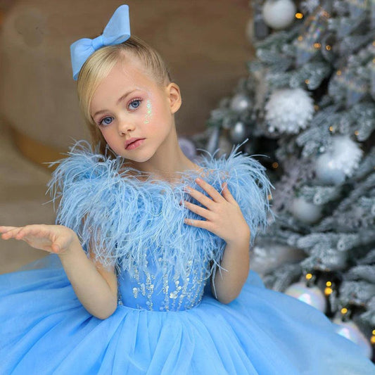 Baby Blue Feather Princess Dress - HER SHOP