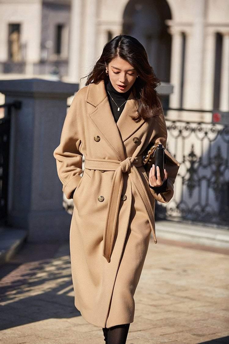 Wide waisted wool coat with pockets double breasted long. HER SHOP