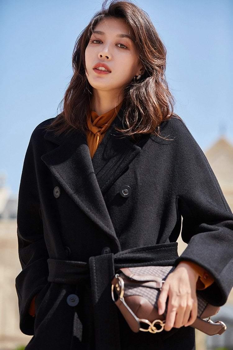 Her Shop Coats, Jackets & Blazers 100% Wool Elegant Double Breasted Belted Warm Wool Coat