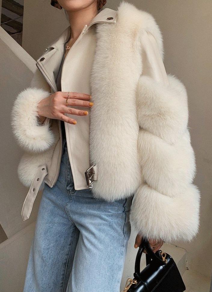 Her Shop sliver / S(bust 84cm) ZDFURS*  Import fox fur patchwork Double-faced Fur Moto & Biker coat women 2020 Leather fur Overcoats