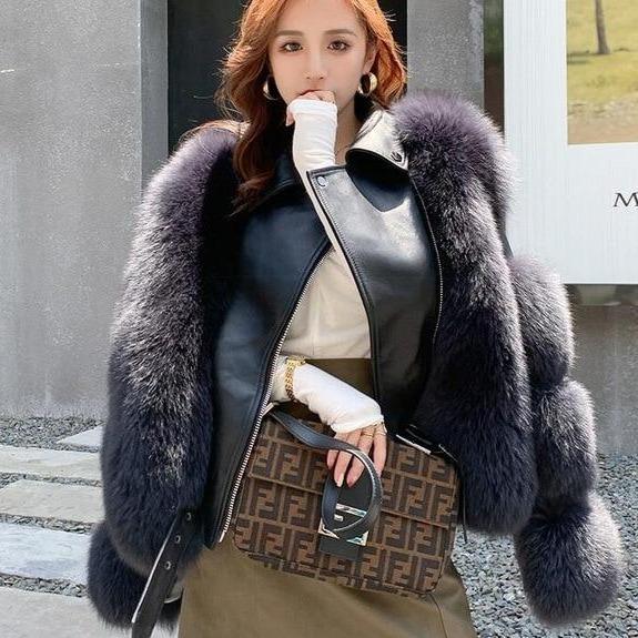 Her Shop Coats, Jackets & Blazers dark grey / 3XL(bust 104cm) Double-faced Fur Moto & Biker Coat