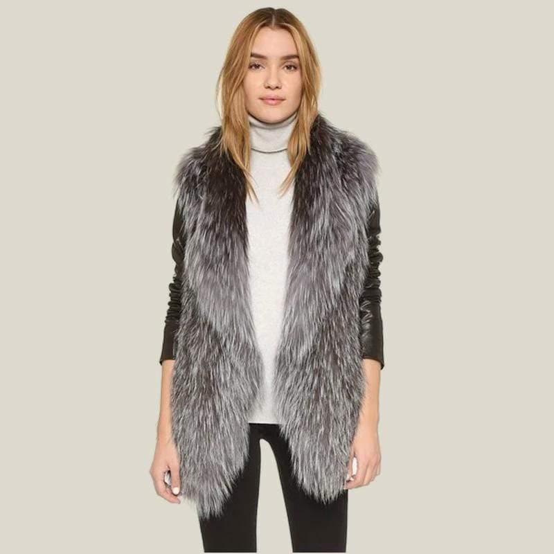 Real Knit Silver Fox Fur Vest With Collar