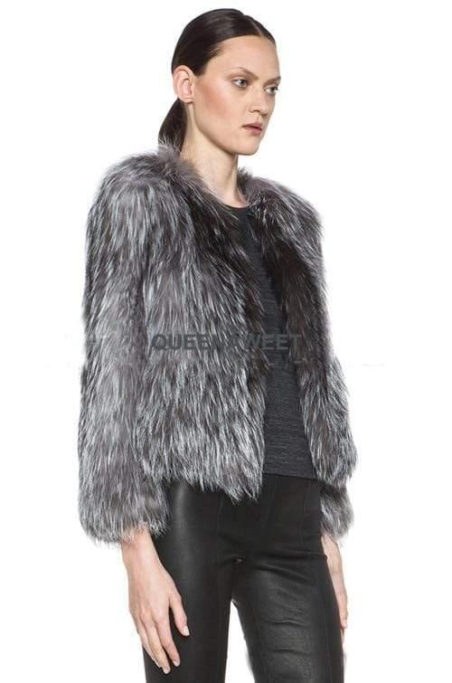 Real Natural Fox Fur Knitted Silver Fox Fur Coat