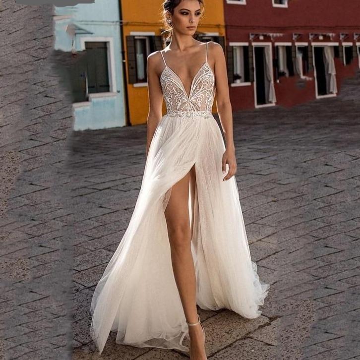 HER SHOP Dress Boho Spaghetti Straps Lace Beach Wedding Dress