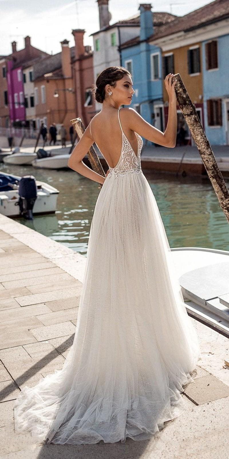 HER SHOP Dress Boho Spaghetti Straps Lace Beach Wedding Dress