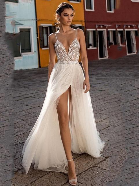 Her Shop Dress Ivory / 16 Boho Spaghetti Straps Lace Beach Wedding Dress