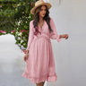 chiffon causal dress Summer Spring Floral Print Deep V-neck Long Sleeve Dresses, Pink / L