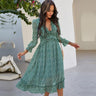Summer Spring Floral Print Deep V-neck Long Sleeve Dresses, Green / L