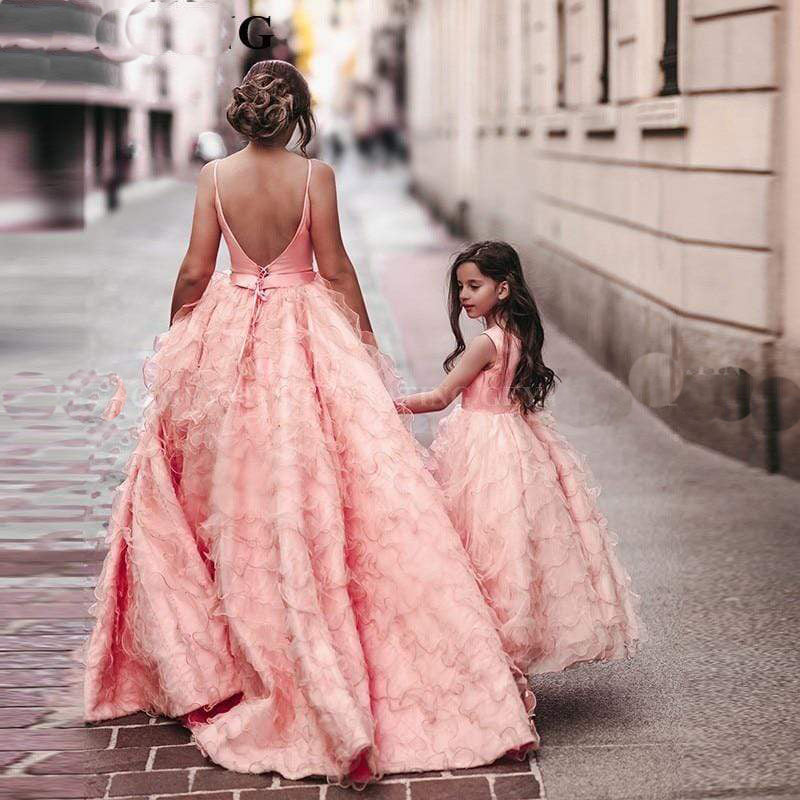 Coral Pink Tiered Ruffles Ball Mother Daughter Gown