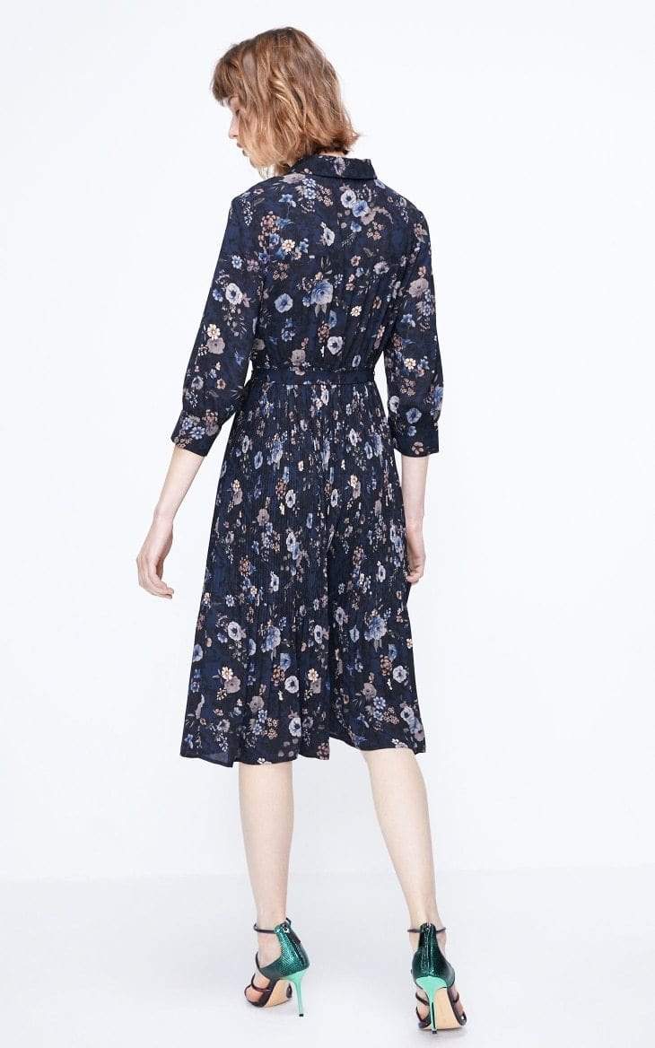 Floral Pleated A-lined Cinched Waist Chiffon Dress