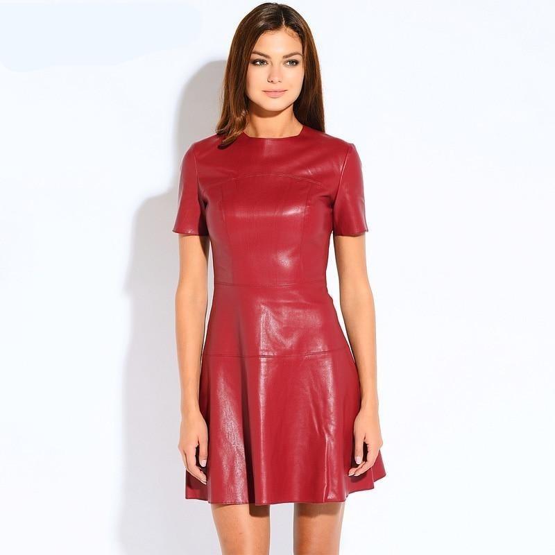 Women Fashion Leather  A-Line O-Neck Dress - HER SHOP