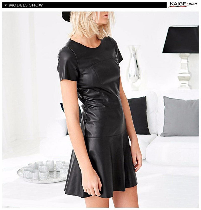 Women Fashion Leather  A-Line O-Neck Dress