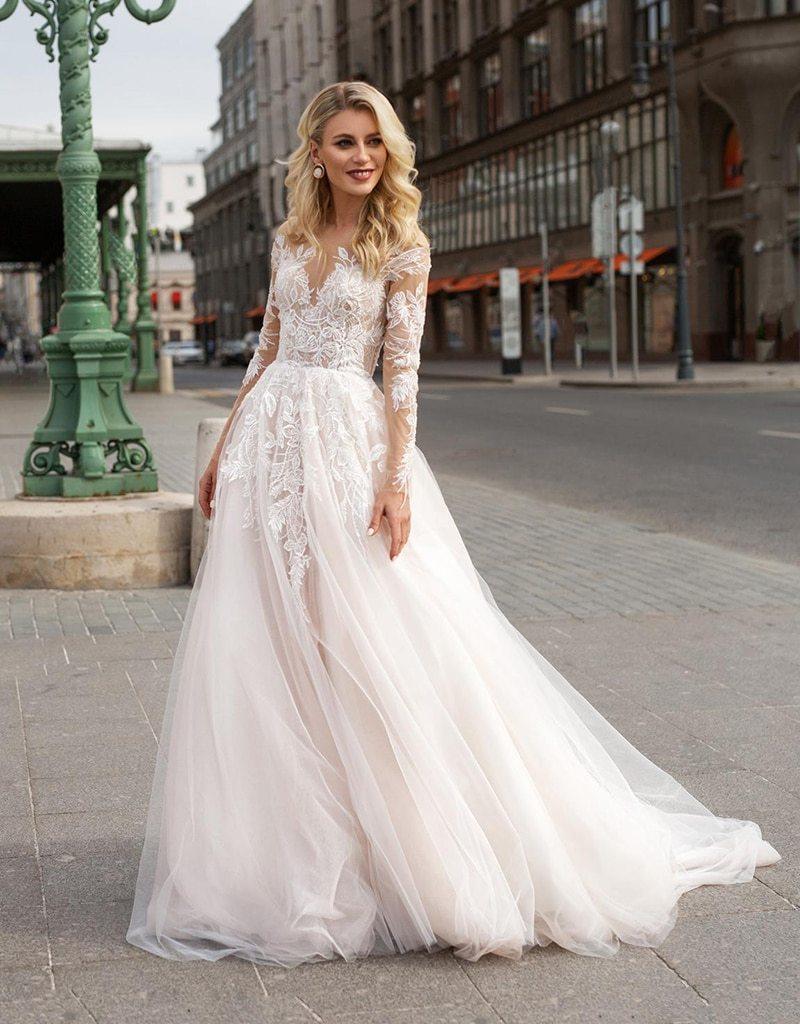 HER SHOP Dress Long Sleeve Boho V neck Ivory Lace Appliques Beach Wedding Dresse