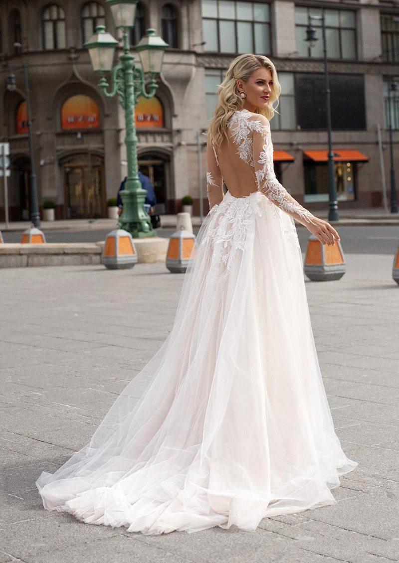 HER SHOP Dress Long Sleeve Boho V neck Ivory Lace Appliques Beach Wedding Dresse