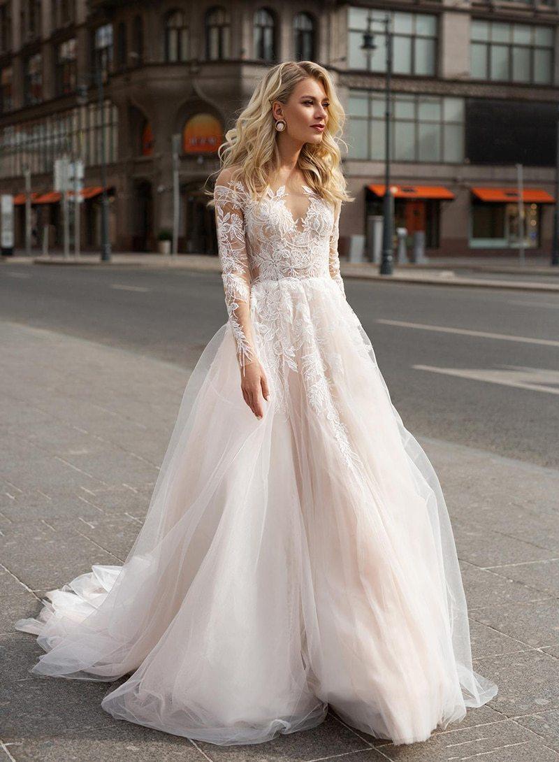 HER SHOP Dress Long Sleeve Boho V neck Ivory Lace Appliques Beach Wedding Dresse