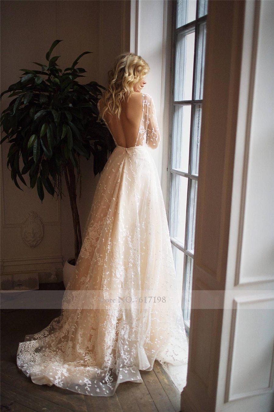 HER SHOP Dress Long Sleeves Open Back Champagne Wedding Dress