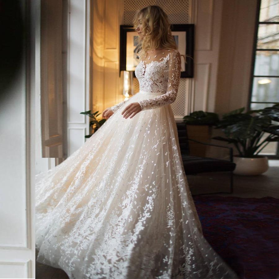 HER SHOP Dress Long Sleeves Open Back Champagne Wedding Dress