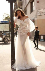 Her Shop Dress Picture Color / 18W Mermaid Scoop Boho Off The Shoulder Long Puff Sleeve Wedding Dress