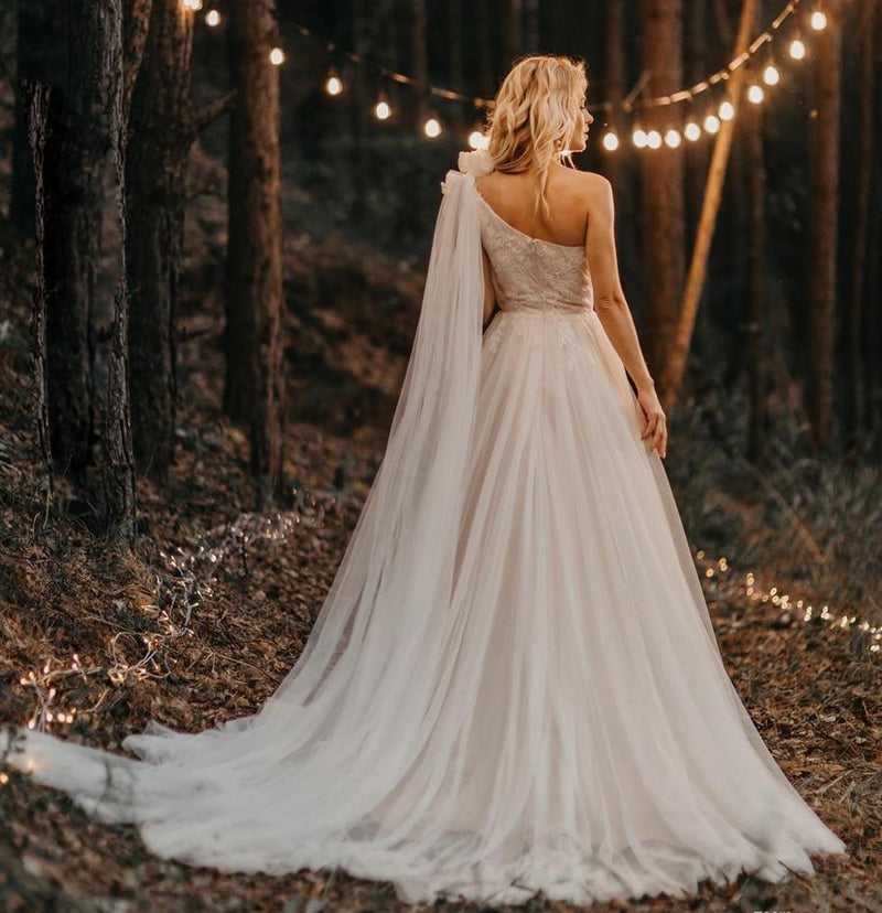 Her Shop Dress One Shoulder Pleated Beading Applique Lace Wedding Dress