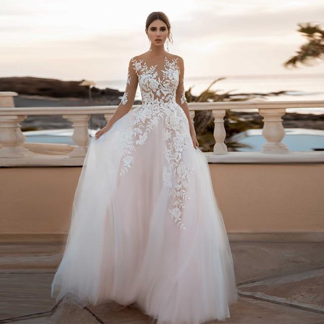 Sheer Floral Applique Blush Wedding Dress