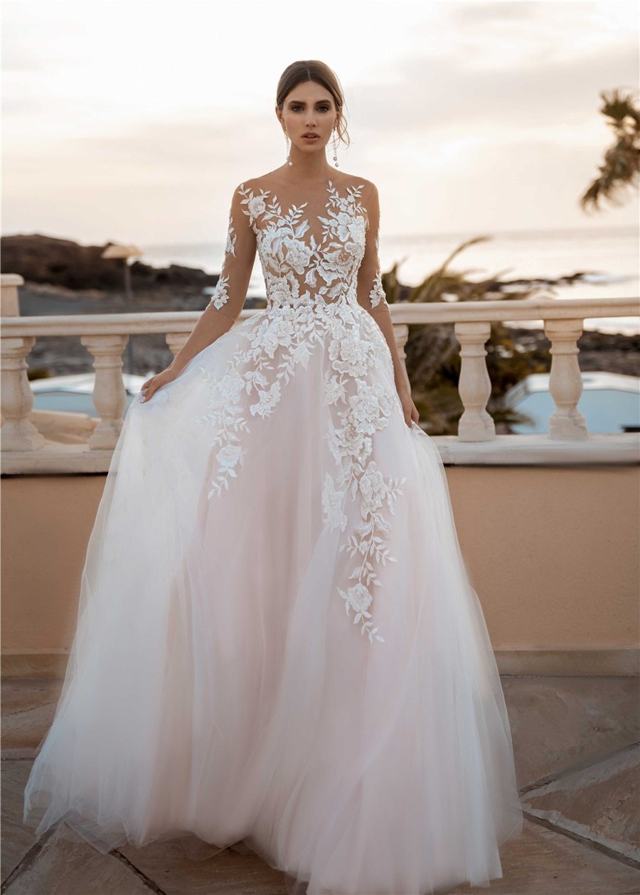 Sheer 3/4 Sleeves Floral Applique Blush Wedding Dress – HER SHOP