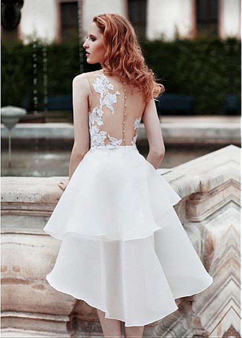 Custom Made Short Hi-Lo Mini Beach Wedding Dress Flirty & Modern Style Champagne 6 cm / 8 Custom Made Short Hi-Lo Mini Beach Wedding Dress Flirty & Modern Style Champagne 6 cm / 8