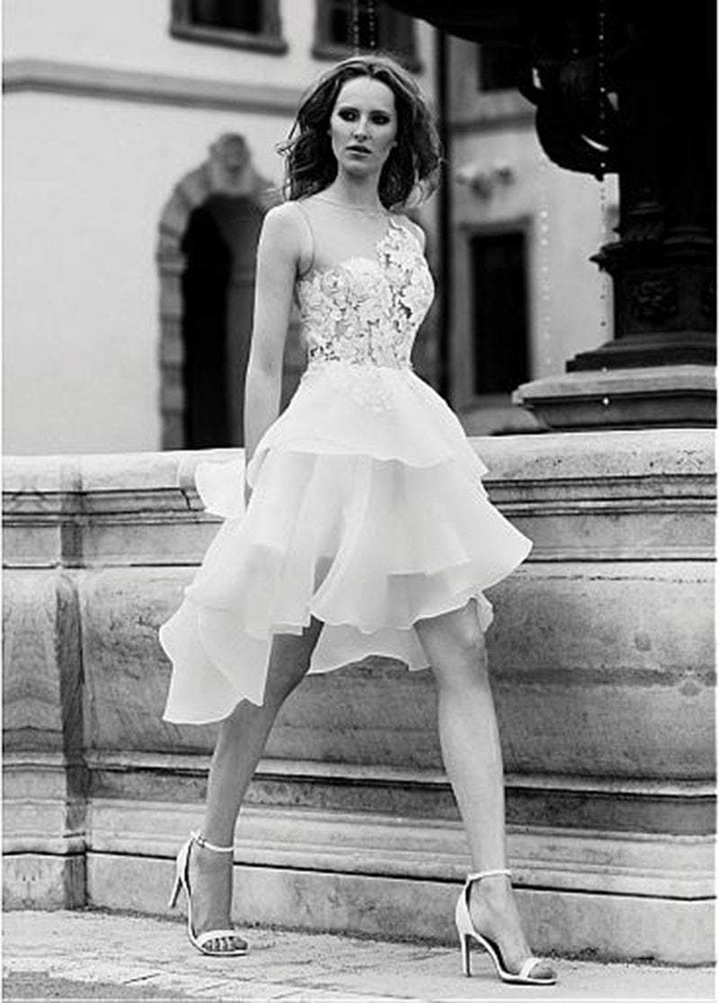 A Line Sweetheart Short Beach Pearl Hi-Lo Tulle White Wedding Dresses –  MyChicDress