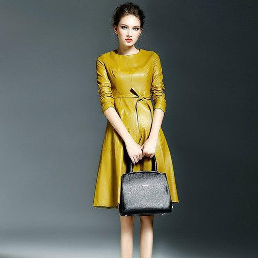 Women High Quality Faux Leather Office Lady A-line Dresses - HER SHOP