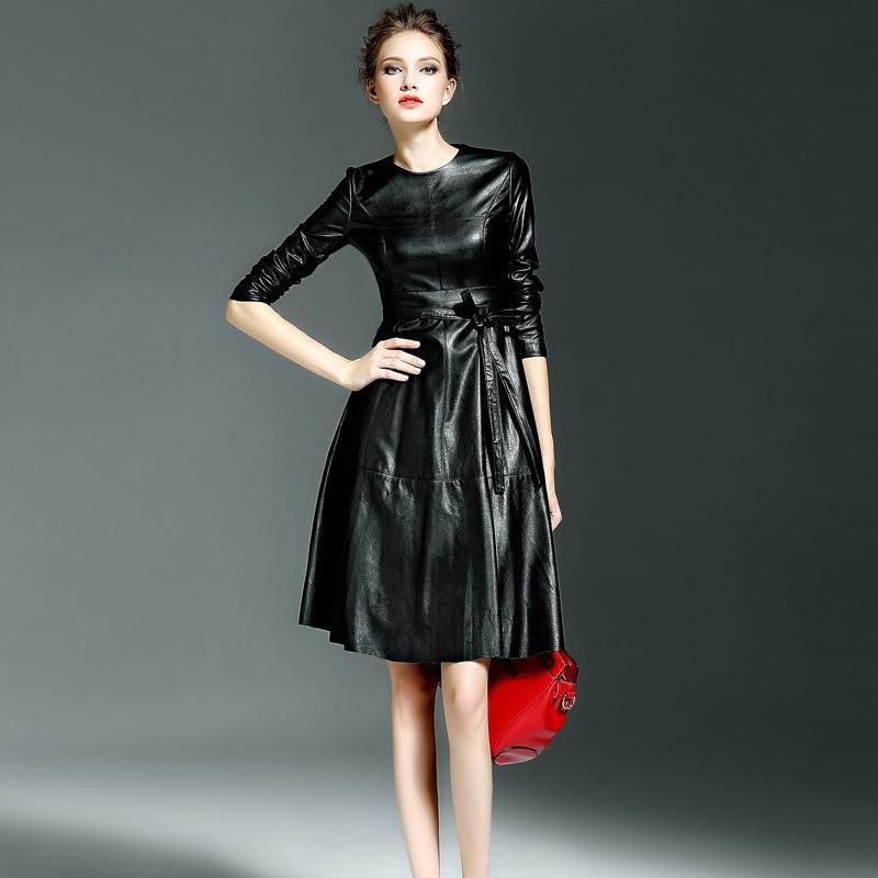 Women High Quality Faux Leather Office Lady A-line Dresses - HER SHOP