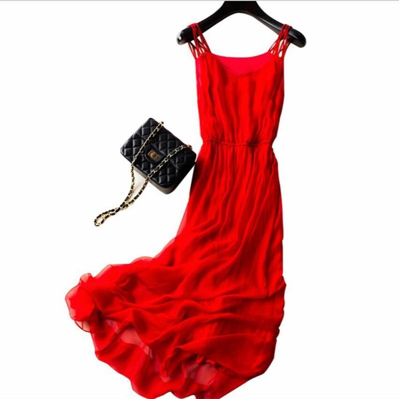 Her Shop Dresses 100% Silk Spaghetti-Strap Beach Dress