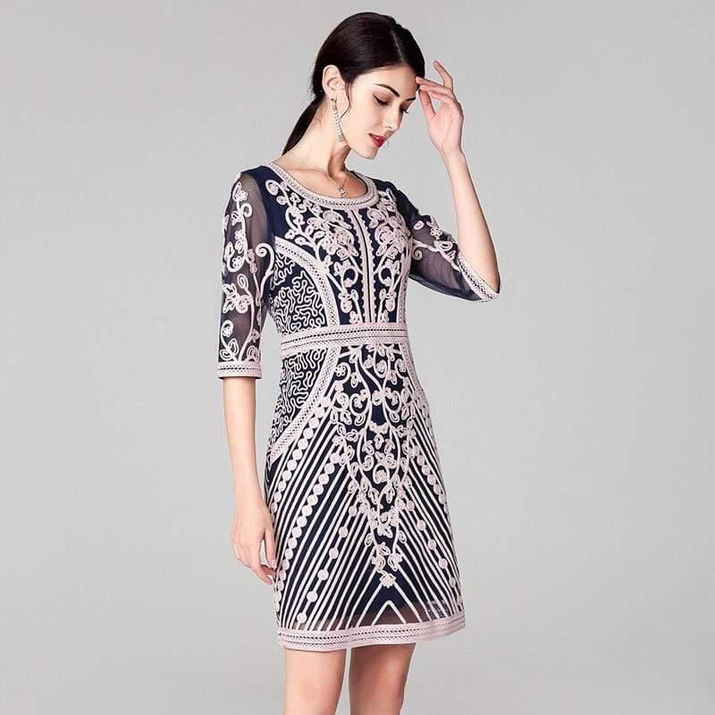Fashion Party Cocktail O-Neck Allover Appliques Embroidery Dress - HER SHOP
