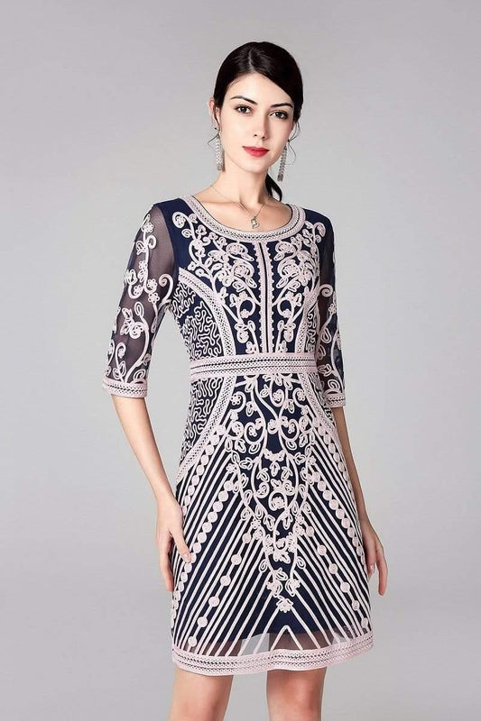 Fashion Party Cocktail O-Neck Allover Appliques Embroidery Dress - HER SHOP