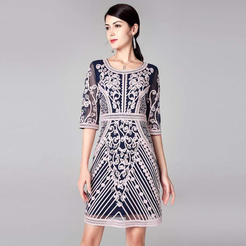 Fashion Party Cocktail O-Neck Allover Appliques Embroidery Dress