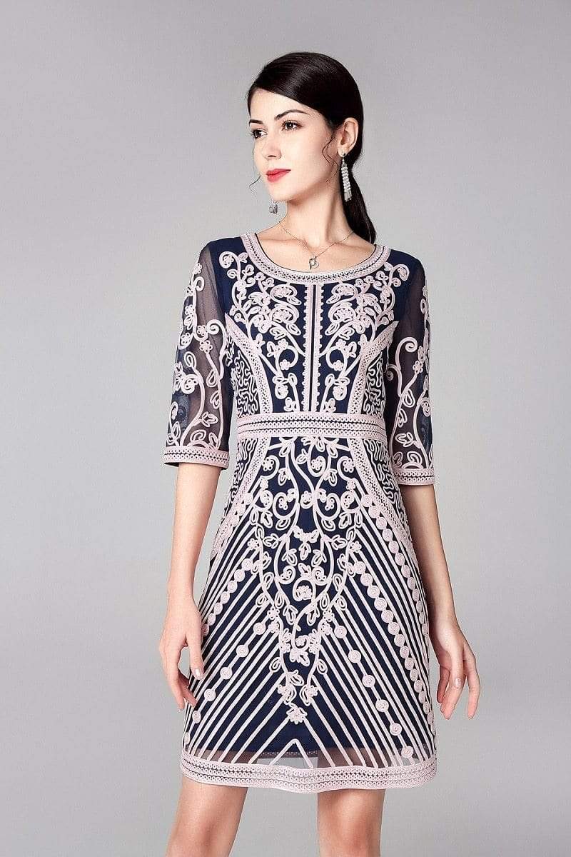 Fashion Party Cocktail O-Neck Allover Appliques Embroidery Dress