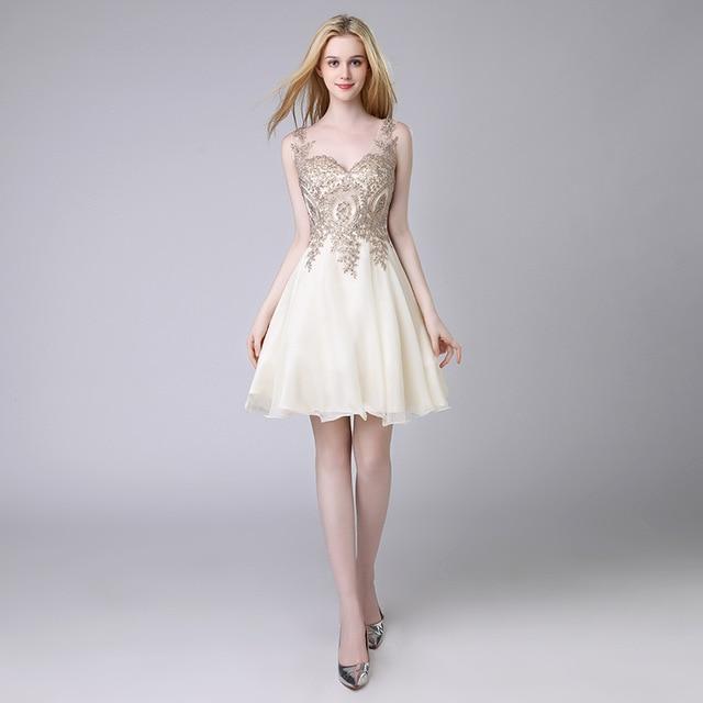 Short Cocktail Dresses Chiffon Gold Appliques with Crystal Beaded