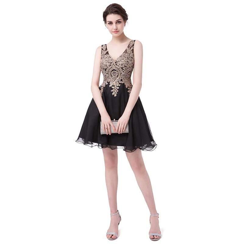 Short Cocktail Dresses Chiffon Gold Appliques with Crystal Beaded - HER SHOP