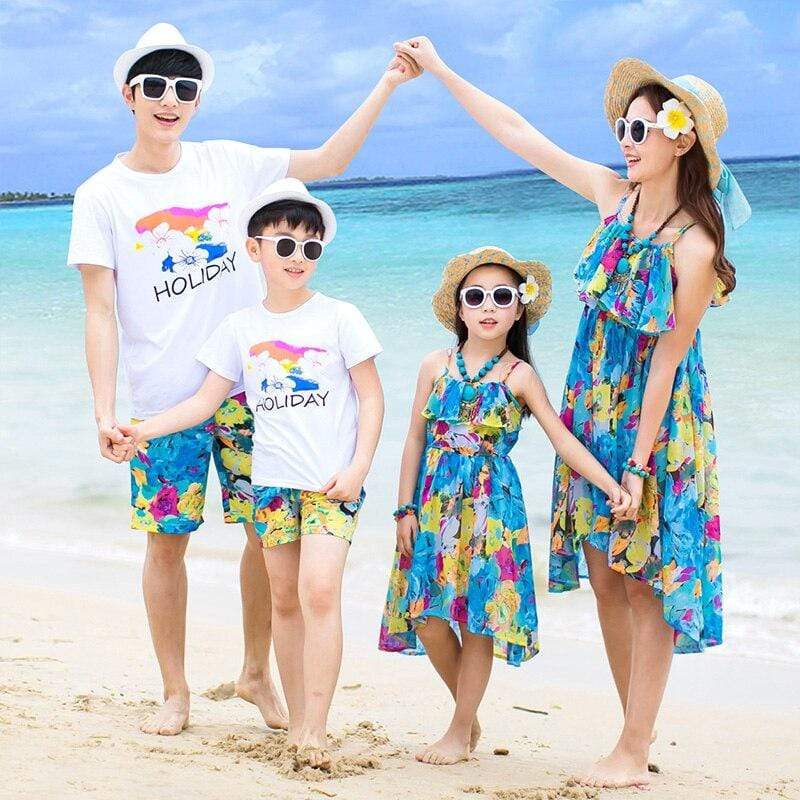 Summer Family Matching Outfits Mother Daughter Beach Floral Dresses