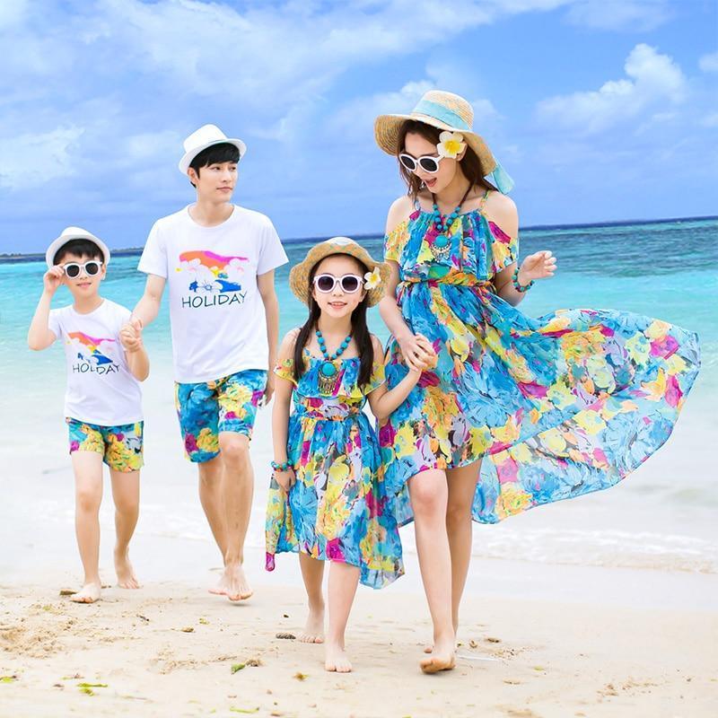 Summer Mother-Daughter Beach Floral Dresses Blue 1 / Kids Boy 14T