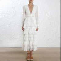Women's Long sleeve V-neck White Lace Dress